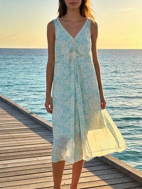 Jonathan Martin Blue Beige Embroidery Detail Sleeveless‎ Midi Dress